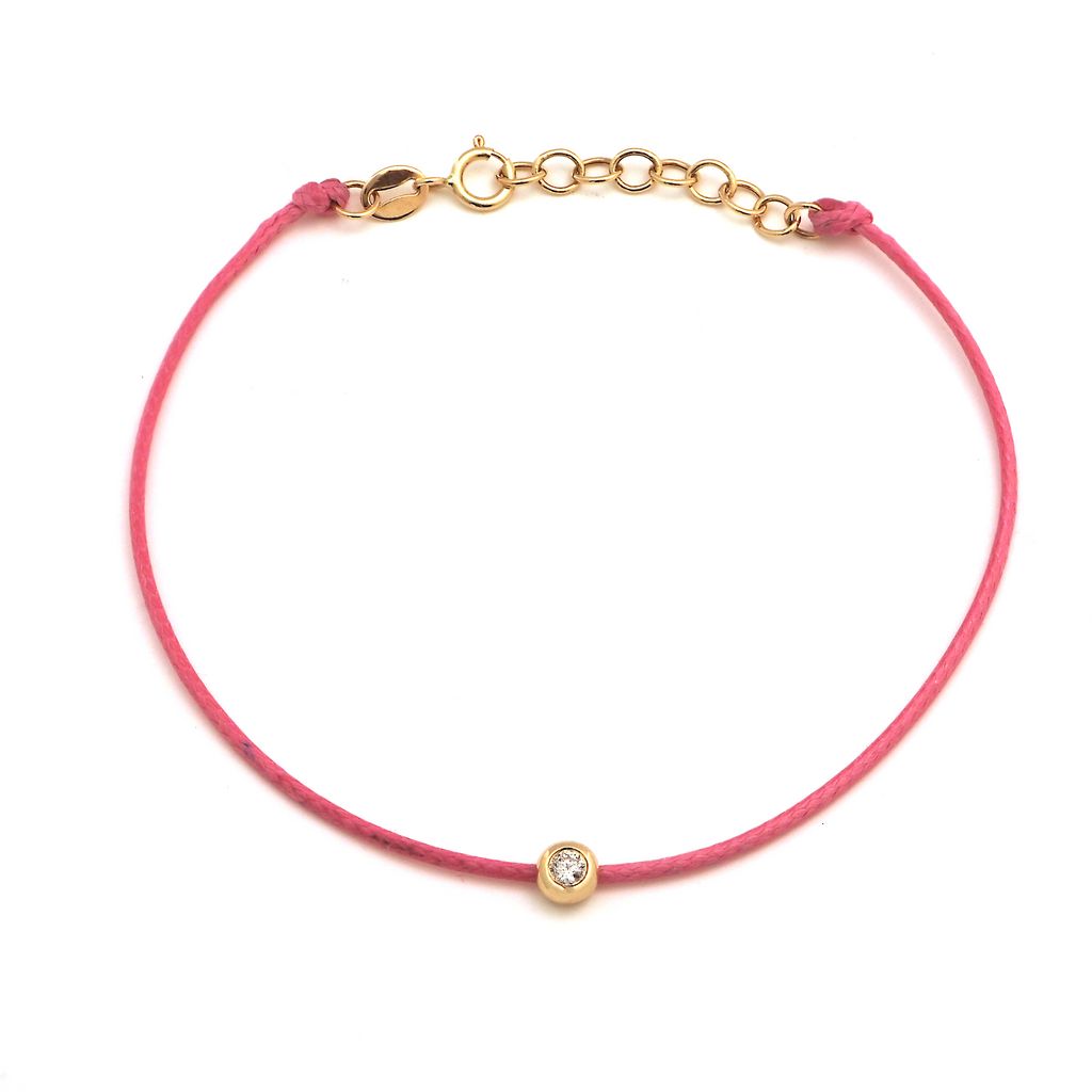 14K Yellow Gold Bezel Diamond Bracelet Set on a Pink Cord