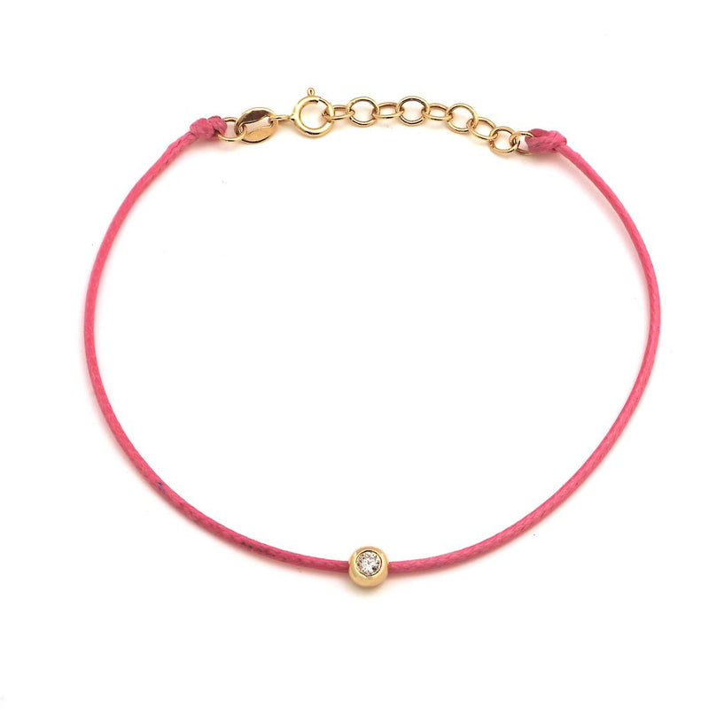 14K Yellow Gold Bezel Diamond Bracelet Set on a Pink Cord