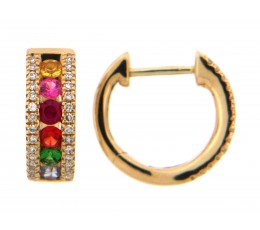 Lady's Yellow 14 Karat Huggie Rainbow Sapphire Tsavorite Diamond Gold Earrings W/ Stones