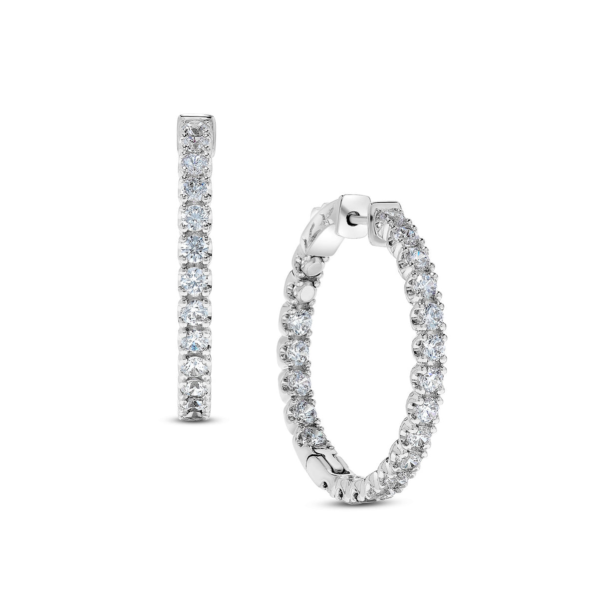 14K White Gold Round Diamond Hoope Earrings