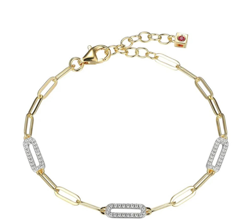 Two Tone Yellow Gold Plated Paper Clip Bracelet With Round CZs