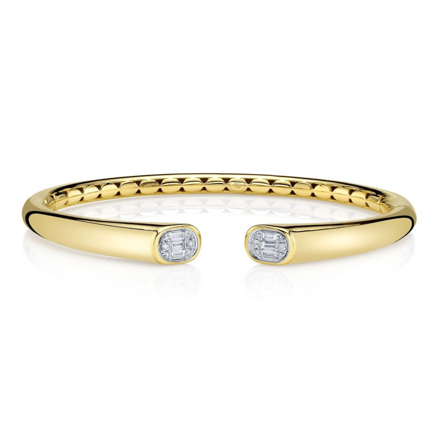 14K Gold Round & Baguette Diamond Cuff Bangle Bracelet
