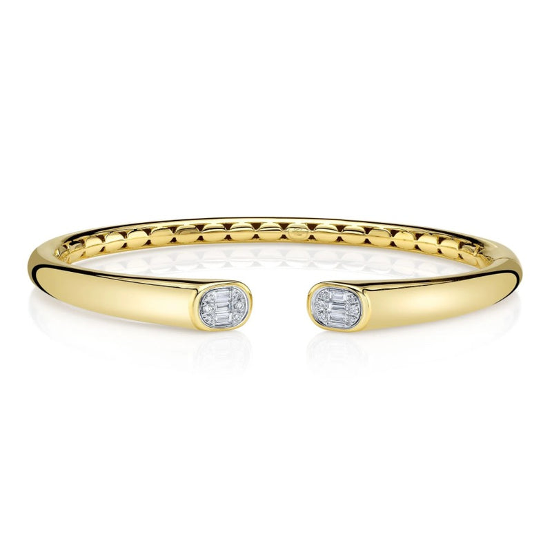 14K Gold Round & Baguette Diamond Cuff Bangle Bracelet