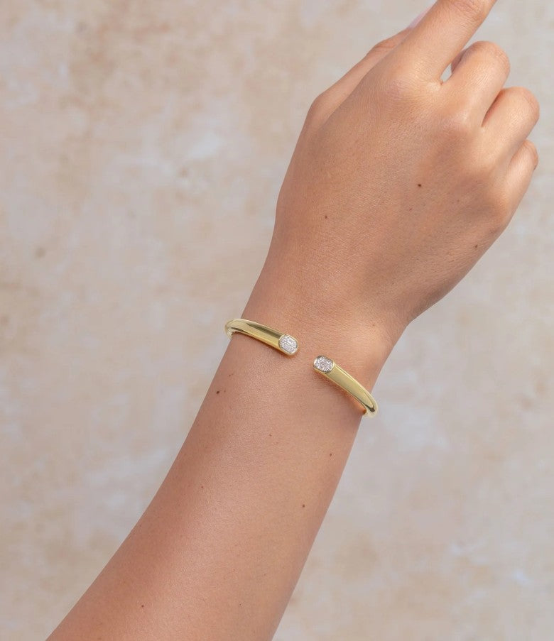 14K Gold Round & Baguette Diamond Cuff Bangle Bracelet