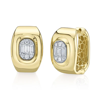 14K Gold Diamond Baguette Oval Hoop Earrings