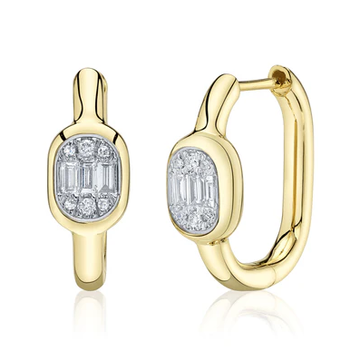 14K Gold Bezel Diamond Baguette Oval Hoops