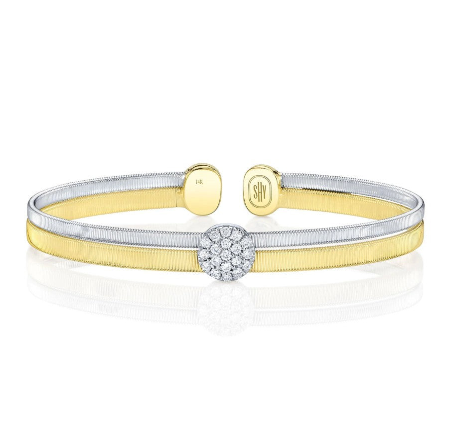 Two Tone 14K Yellow and White Gold Pavé Diamond Cuff Bangle