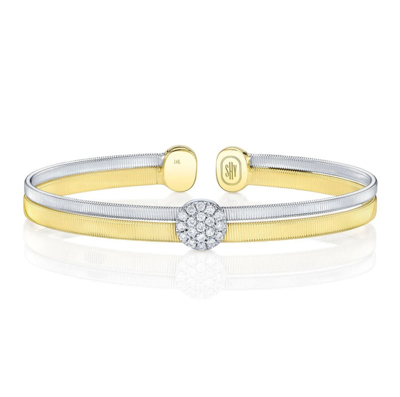 Two Tone 14K Yellow and White Gold Pavé Diamond Cuff Bangle