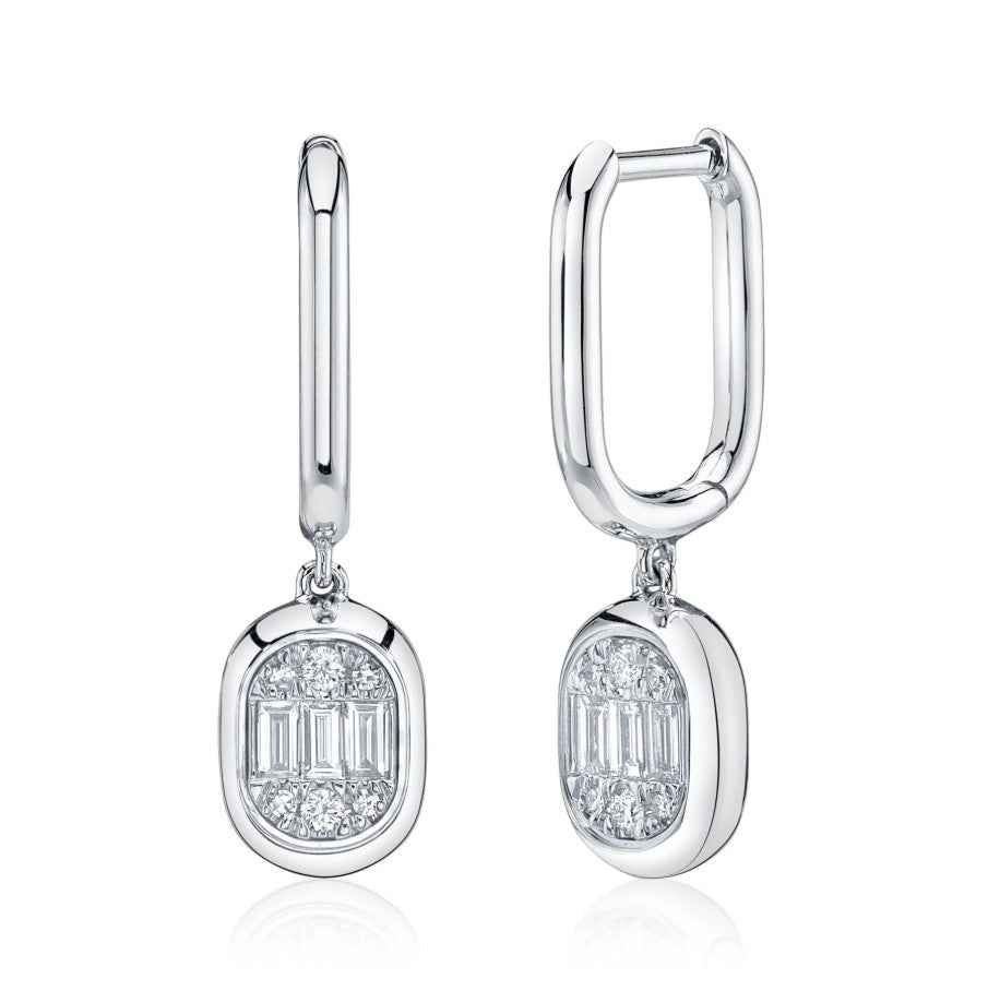14K White Gold Diamond Baguette Dangle Earrings