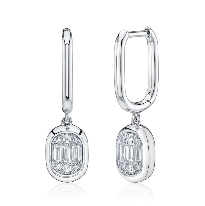 14K White Gold Diamond Baguette Dangle Earrings