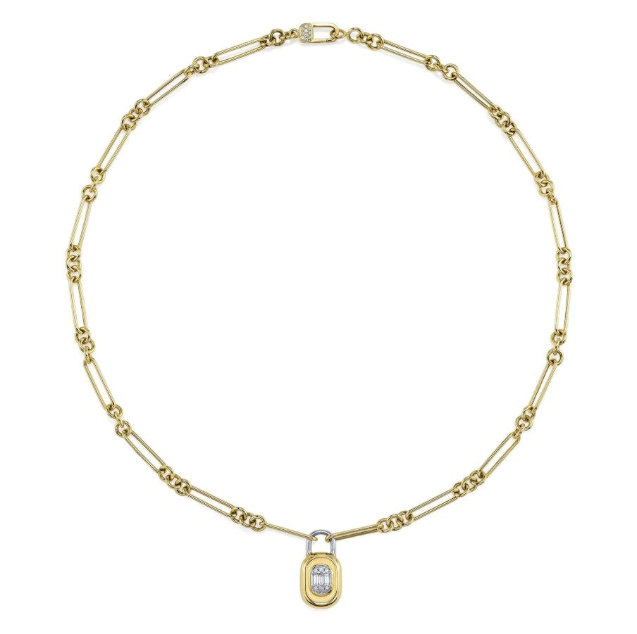 14K Gold Lexington Link Chain with Diamond Baguette Lock Pendant
