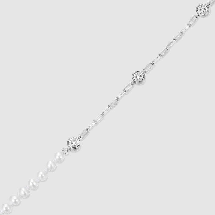 Sterling Silver Pearl & Lab Created Diamond Paperclip Station Anklet