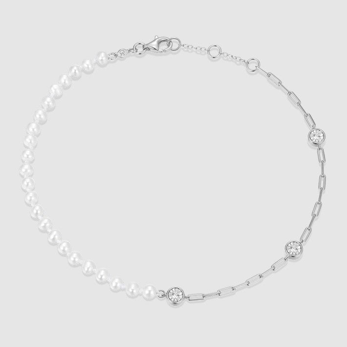 Sterling Silver Pearl & Lab Created Diamond Paperclip Station Anklet