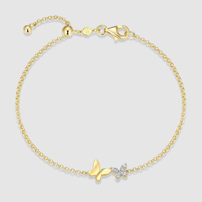 Sterling Silver 14K Gold Plated Butterfly Lab-Created Diamond Bolo Bracelet