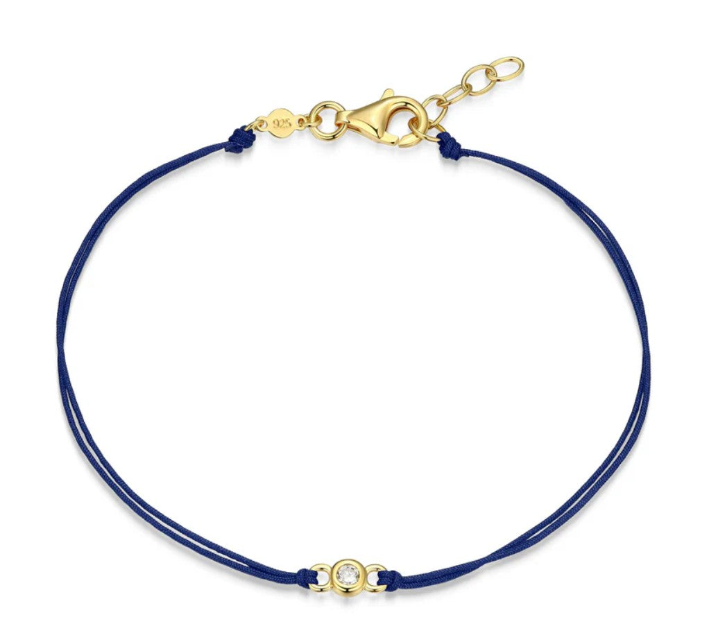 14K Gold Plated Navy Blue Silk Cord Bracelet with One Round Lab Grown Diamond
