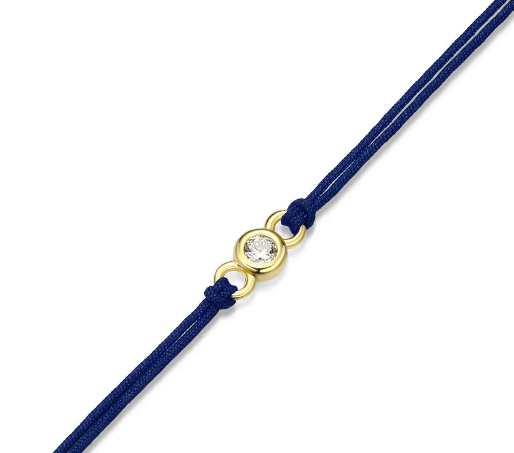 14K Gold Plated Navy Blue Silk Cord Bracelet with One Round Lab Grown Diamond