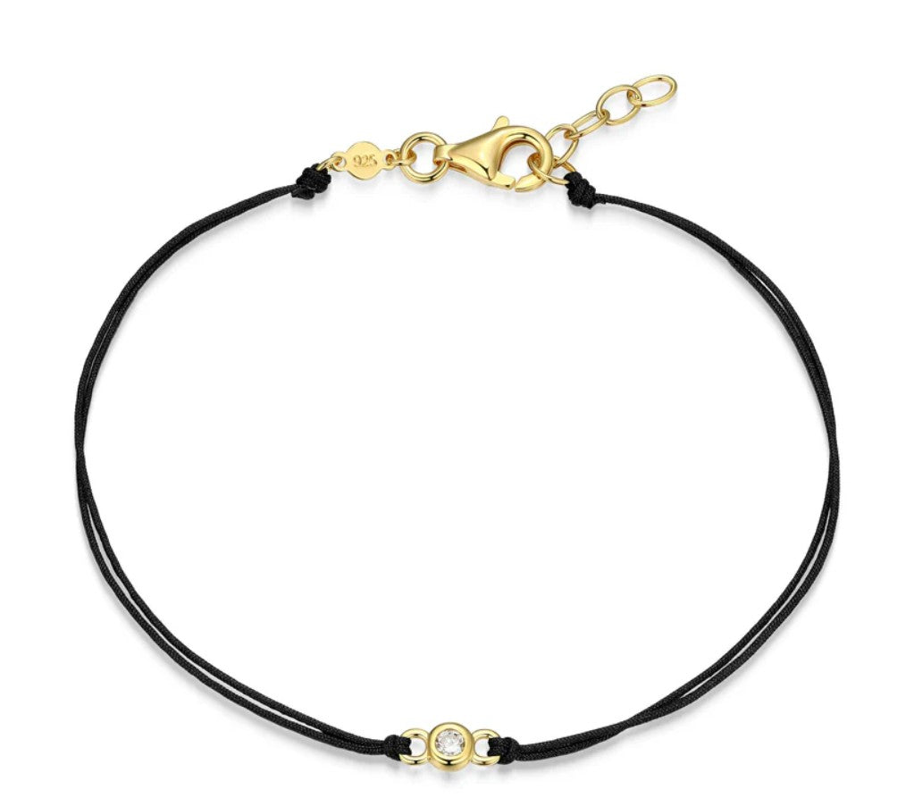 14K Gold Plated Black Double Silk Bracelet With One Round Lab Grown Diamond