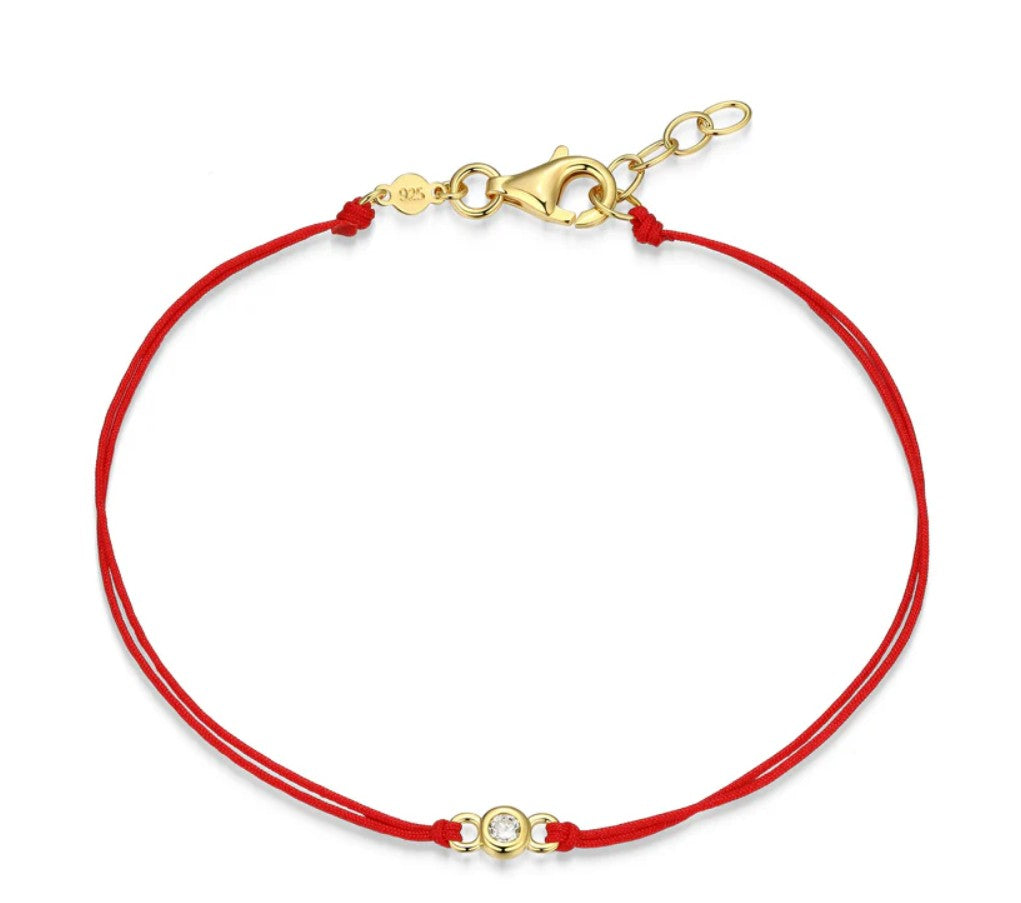 14K Gold Plated Red Silk Cord Bracelet with One Round Lab Grown Diamond