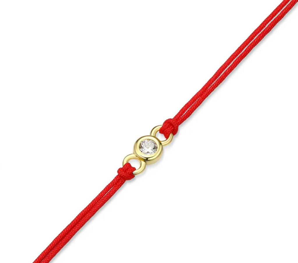 14K Gold Plated Red Silk Cord Bracelet with One Round Lab Grown Diamond