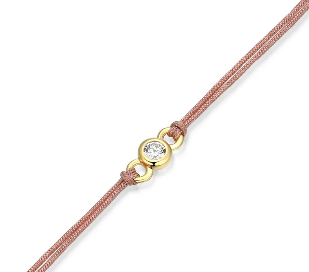 14K Gold Plated Pink Silk Cord Bracelet with One Round Lab Grown Diamond
