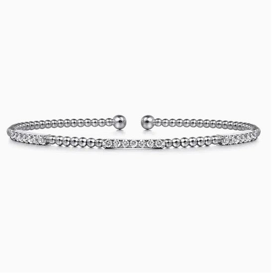 14K White Gold Bujukan Beaded Station Bar Diamond Cuff Bracelet
