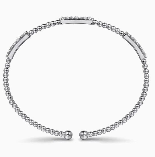 14K White Gold Bujukan Beaded Station Bar Diamond Cuff Bracelet