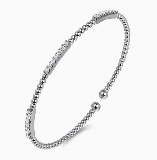 14K White Gold Bujukan Beaded Station Bar Diamond Cuff Bracelet