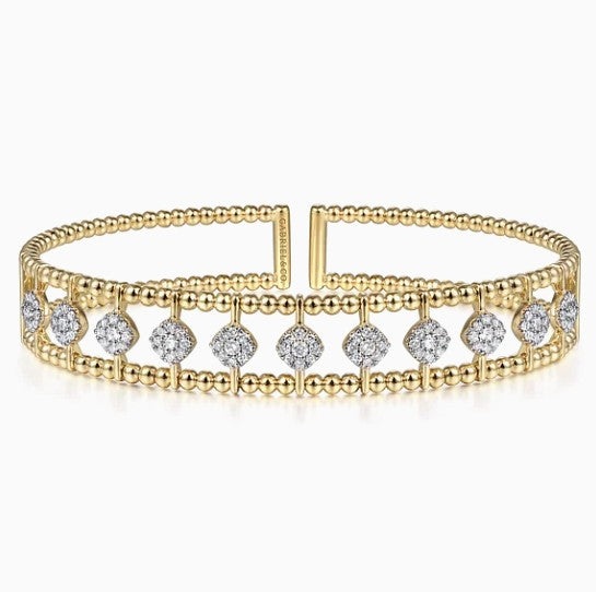 14K Yellow Gold Bujukan Beaded Wide Diamond Cuff Bracelet