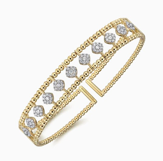 14K Yellow Gold Bujukan Beaded Wide Diamond Cuff Bracelet