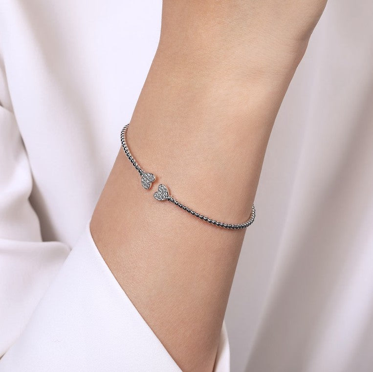 14K White Gold Beaded Bujukan Diamond Heart Cuff Bracelet