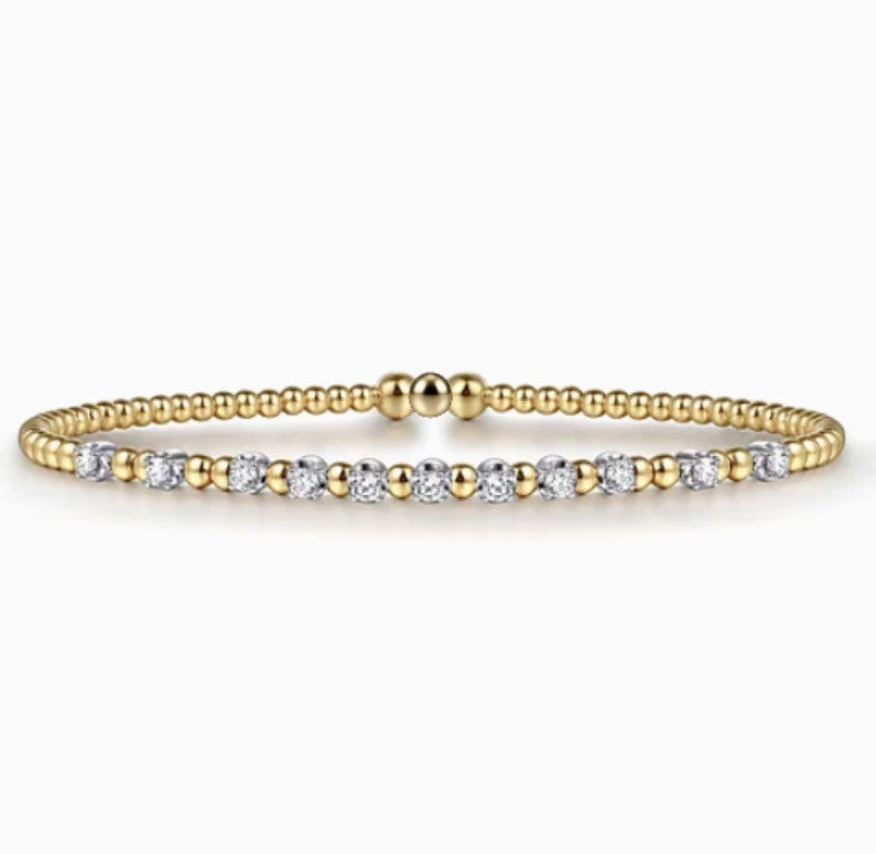 Two Tone 14K Yellow & White Gold Station Beaded Bujukan Bangle Bracelet