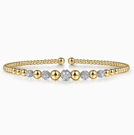 Two-Tone 14K Yellow & White Gold Beaded Bujukan Diamond Station Cuff Bracelet