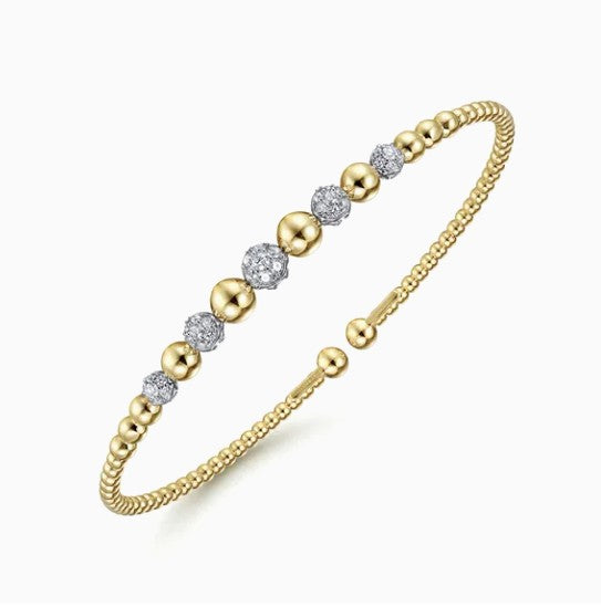 Two-Tone 14K Yellow & White Gold Beaded Bujukan Diamond Station Cuff Bracelet