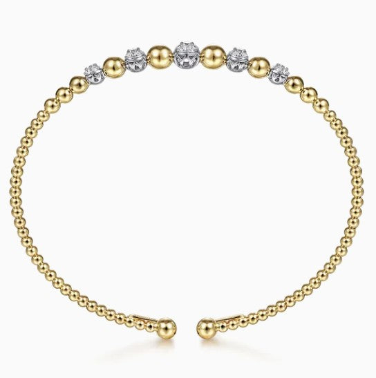 Two-Tone 14K Yellow & White Gold Beaded Bujukan Diamond Station Cuff Bracelet