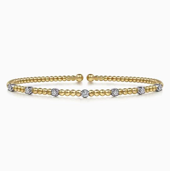 Two Tone 14K Yellow & White Gold Diamond Beaded Bujukan Cuff Bracelet