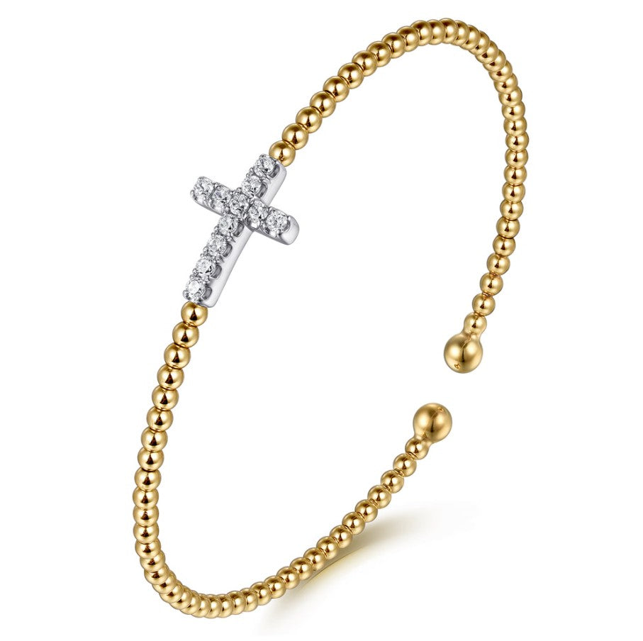 14K Yellow & White Gold Beaded Bujukan Cross Diamond Bracelet