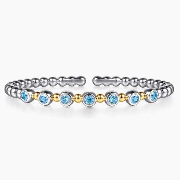 Sterling Silver & 14K Yellow Gold Round Blue Topaz Station Accent Bujukan Cuff Bracelet