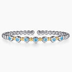 Sterling Silver & 14K Yellow Gold Round Blue Topaz Station Accent Bujukan Cuff Bracelet