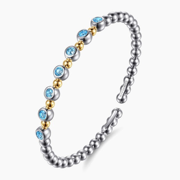 Sterling Silver & 14K Yellow Gold Round Blue Topaz Station Accent Bujukan Cuff Bracelet