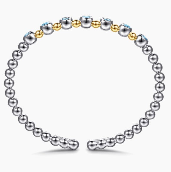Sterling Silver & 14K Yellow Gold Round Blue Topaz Station Accent Bujukan Cuff Bracelet