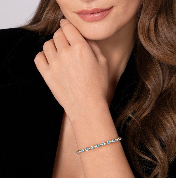 Sterling Silver & 14K Yellow Gold Round Blue Topaz Station Accent Bujukan Cuff Bracelet