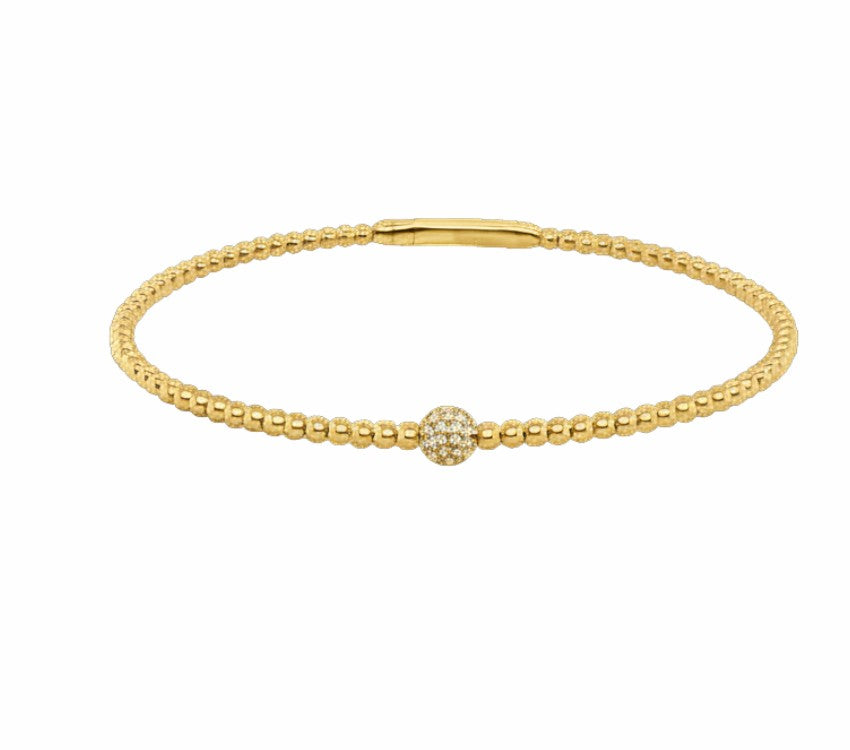 14K Gold Beaded Station Diamond Bangle Bracelet