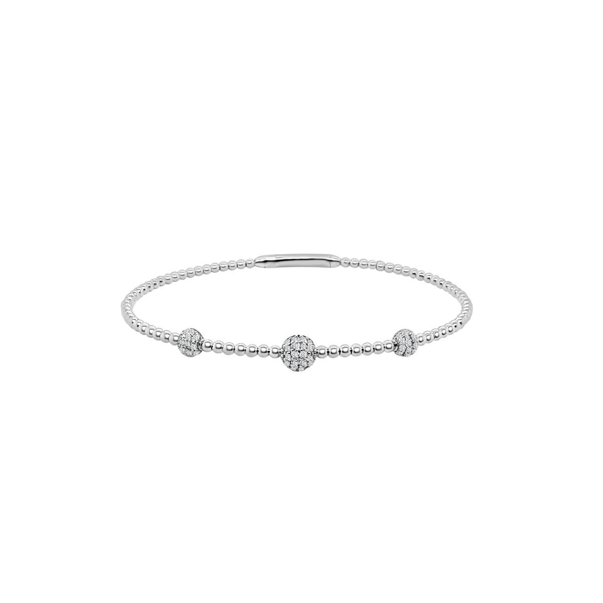 14K White Gold Beaded Diamond Station Bangle Bracelet