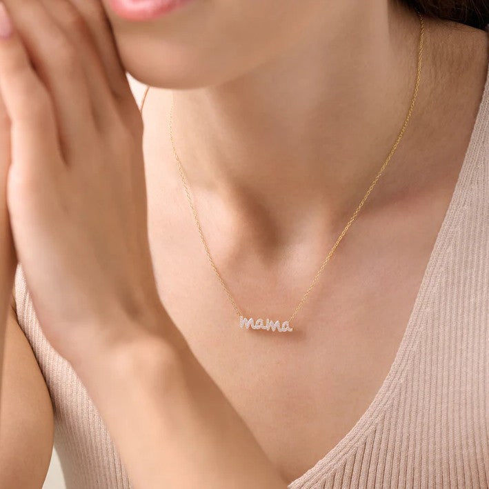14K Yellow Gold Plated "mama" Necklace with Round Lab Created Diamonds
