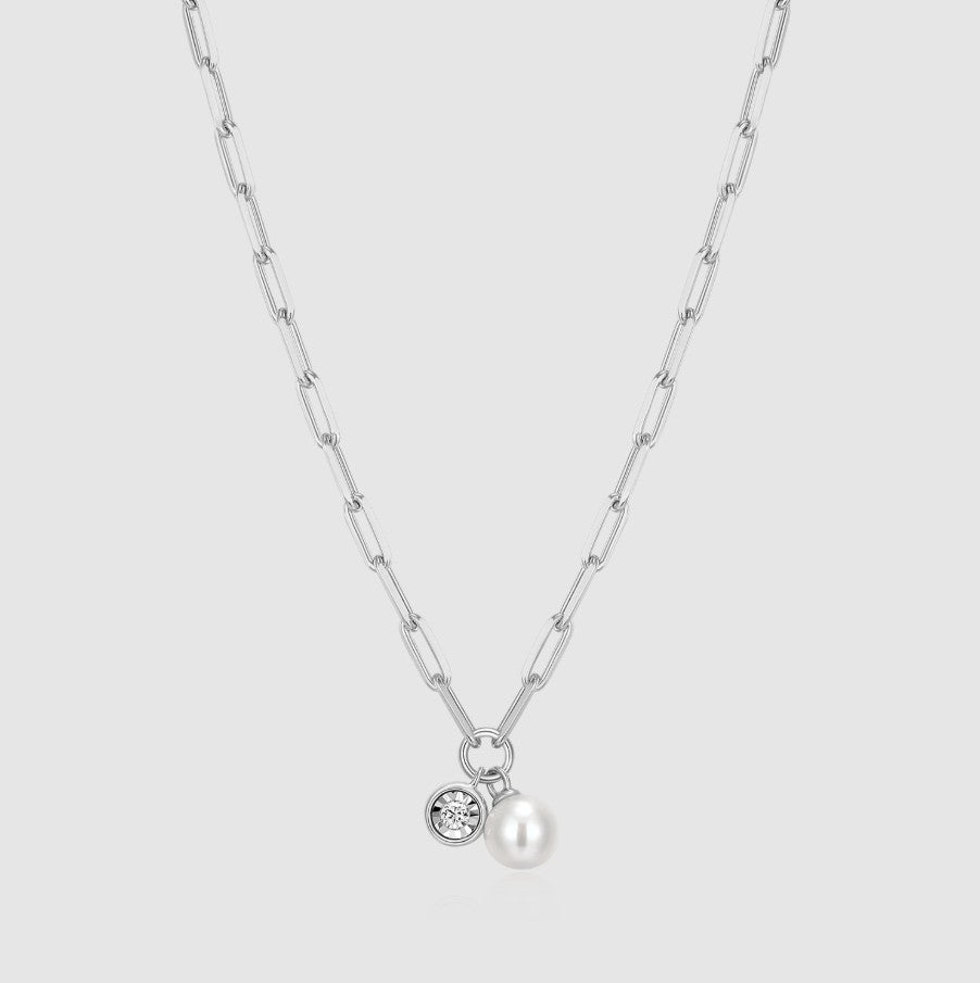 Sterling Silver Pearl & Lab-Created Diamond Paperclip Necklace