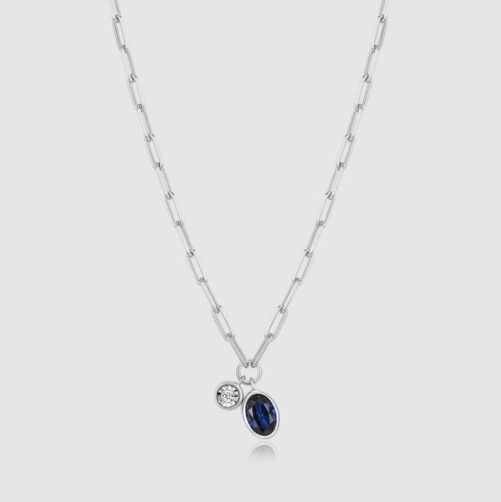 Sterling Silver Lab Created Diamond & Blue Sapphire Paperclip Necklace