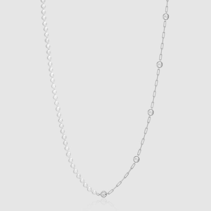 Sterling Silver Pearl & Bezel Set Lab-Created Diamond Station Necklace