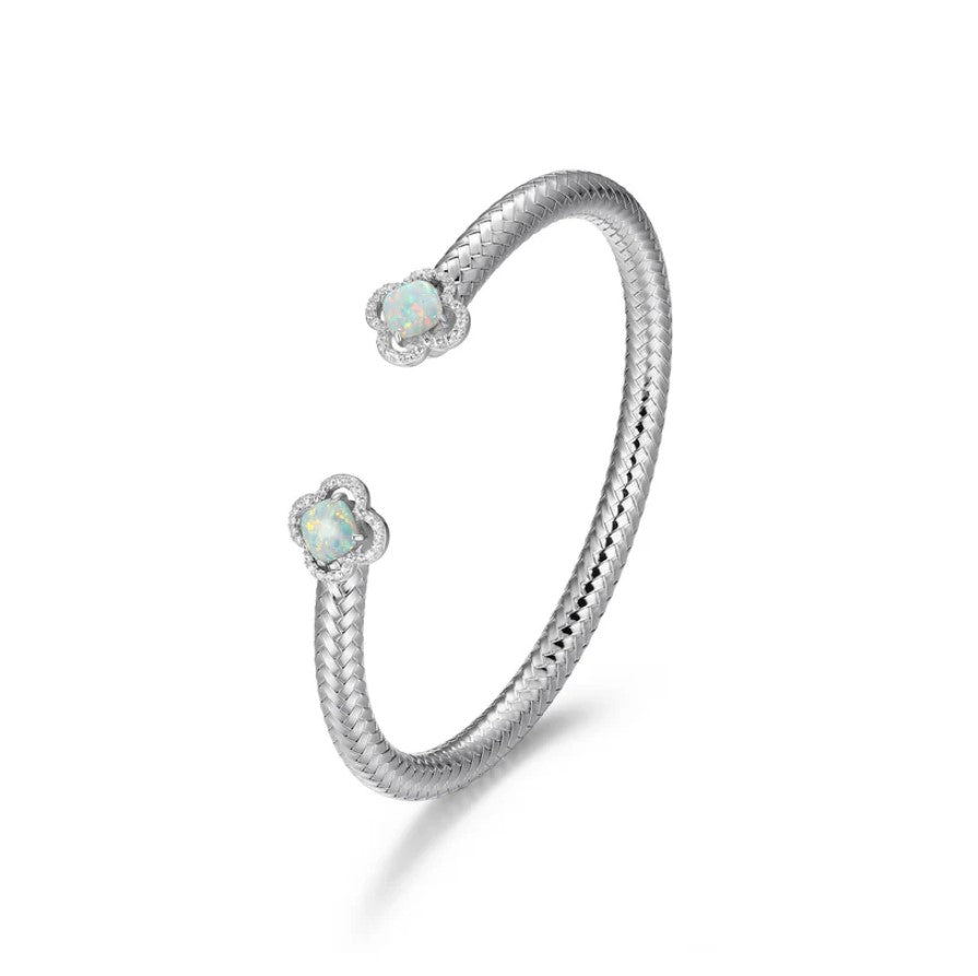 Sterling Silver Opal and CZs Clover Cuff Bracelet