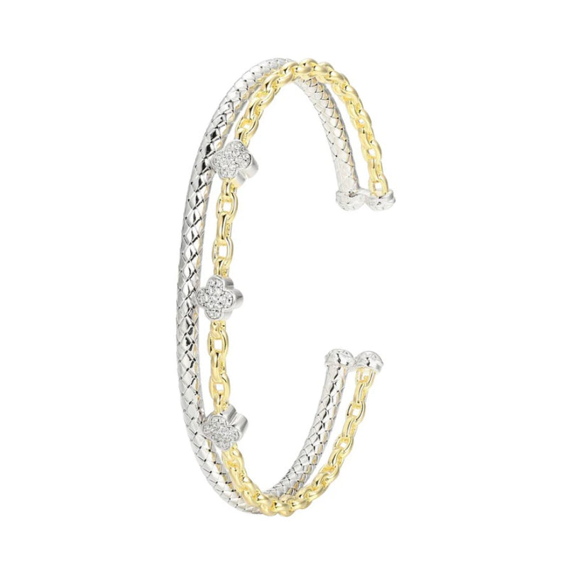Two-Tone Sterling Silver Clover CZ Cuff Bracelet