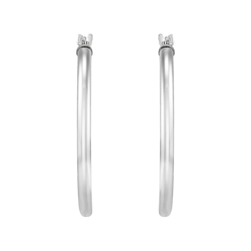 14K White Gold Polished Thin Round Tube Medium Hoop Earrings